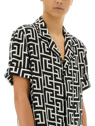Balmain Monogram Printed Short-sleeved Shirt In Black
