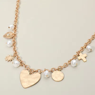 Fashnzfab Brushed Metal Heart Cross Pearl Charm Station Chunky Necklace - Cream, Worn Gold In Multi