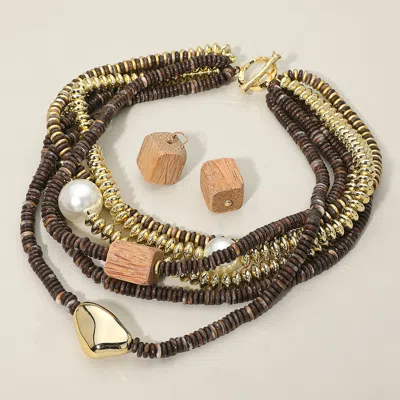 Fashnzfab Chunky Pearl Wooden Cube Metal Pebble Accent Multi Disc Beaded Layered Toggle Statement Necklace - B In Brown