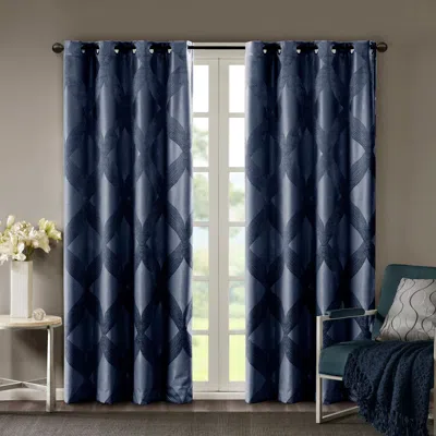 Breebe Ogee Knitted Jacquard Total Blackout Curtain Panel(only 1 Pc Panel) In Blue