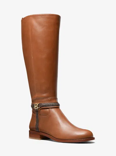 Michael Kors Outlet Mindy Leather And Signature Logo Trim Wide Calf Boot In Brown