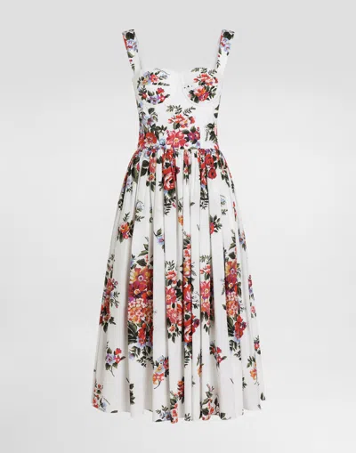Dolce & Gabbana White Cotton Midi Dress With Floral Print Dolce E Gabbana In Multi