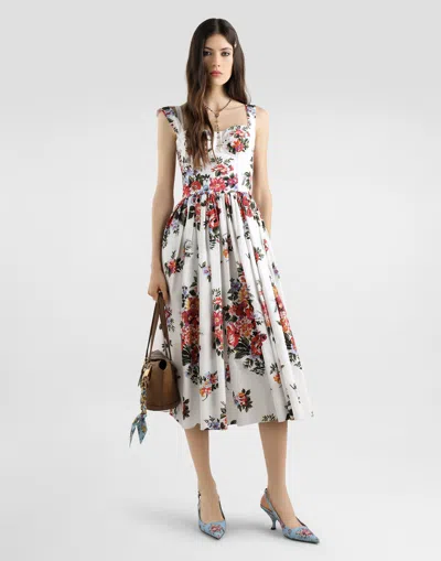 Dolce & Gabbana White Cotton Midi Dress With Floral Print Dolce E Gabbana In Multi