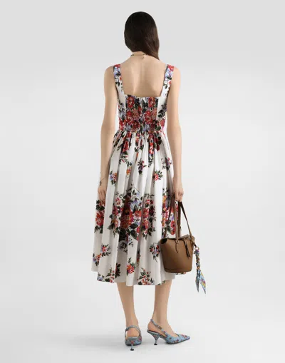 Dolce & Gabbana White Cotton Midi Dress With Floral Print Dolce E Gabbana In Multi