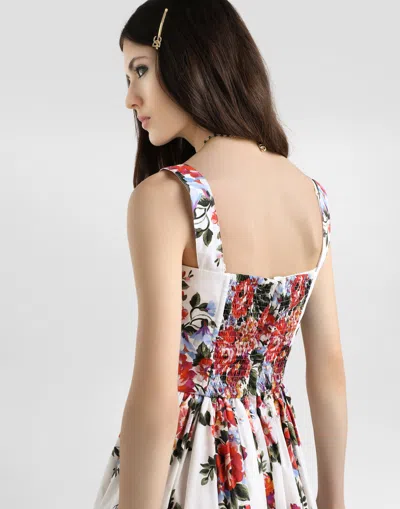 Dolce & Gabbana White Cotton Midi Dress With Floral Print Dolce E Gabbana In Multi