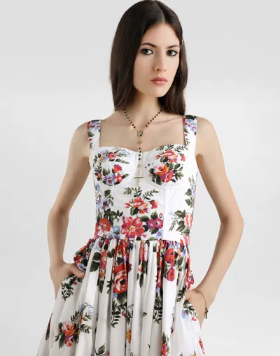 Dolce & Gabbana White Cotton Midi Dress With Floral Print Dolce E Gabbana In Multi