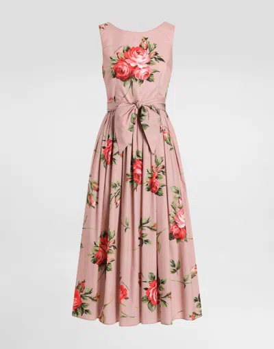 Dolce & Gabbana Abito Midi In Cotone Rosa Con Stampa Fiori Dolce E Gabbana In Pink
