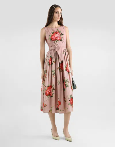 Dolce & Gabbana Abito Midi In Cotone Rosa Con Stampa Fiori Dolce E Gabbana In Pink