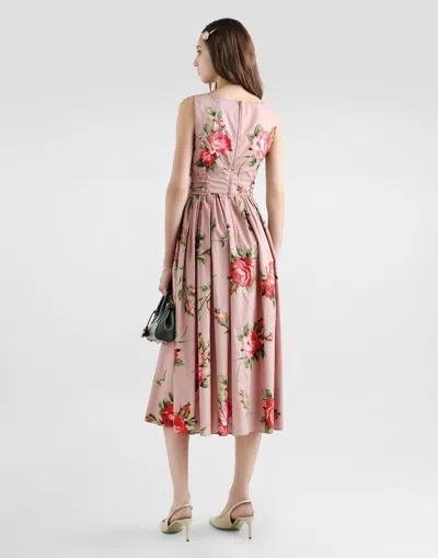 Dolce & Gabbana Abito Midi In Cotone Rosa Con Stampa Fiori Dolce E Gabbana In Pink