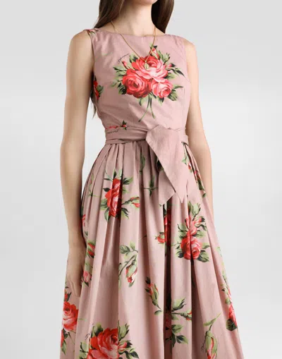 Dolce & Gabbana Abito Midi In Cotone Rosa Con Stampa Fiori Dolce E Gabbana In Pink