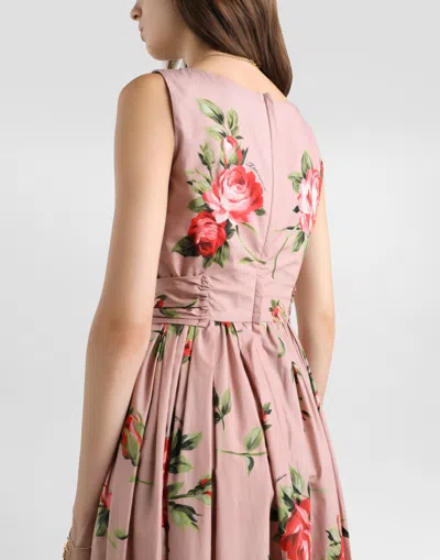 Dolce & Gabbana Abito Midi In Cotone Rosa Con Stampa Fiori Dolce E Gabbana In Pink