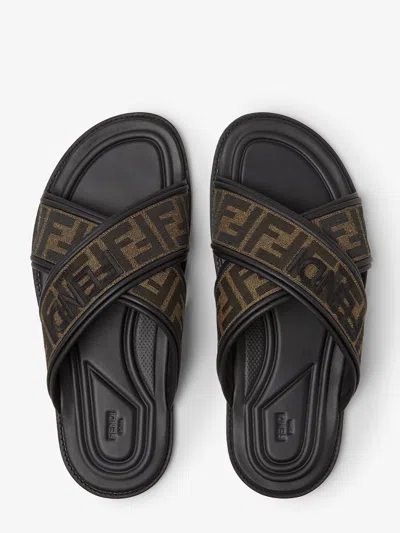 Fendi Double Crossed Band Logo Slides With Jacquard Ff Design In Black