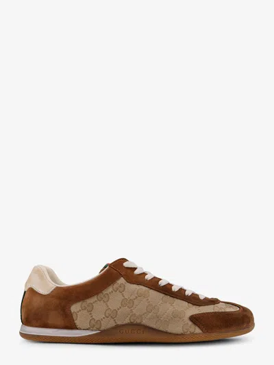 Gucci Shift Suede Sneakers With Gg Supreme Fabric Inserts In Brown