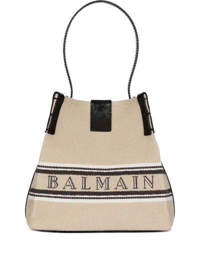 Balmain Release Bucket Bag In Canvas And Calfskin In Sand