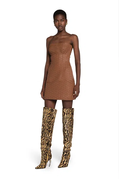Roberto Cavalli Woven Leather Mini Dress In Brown