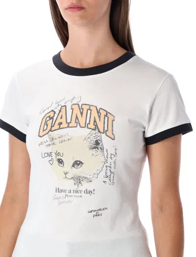 Ganni Cropped Kitty Logo Graphic Tee In White