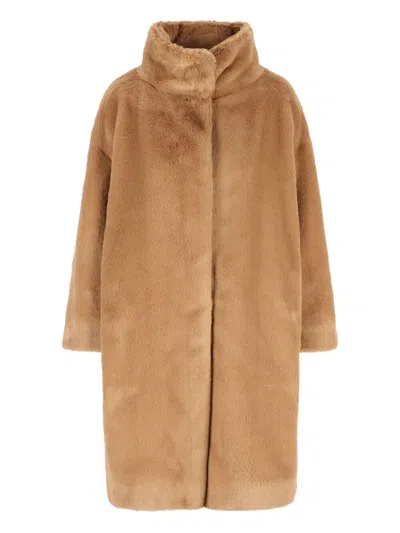 Herno Faux Fur Short Coat With High Collar In Brown