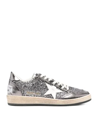 Golden Goose Ballstar Sneakers In Laminated Leather And Glitter In Gray