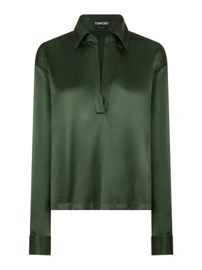 Tom Ford Stretch Silk Satin Polo With Tonal Tf Embroidered Logo Clothing In Green