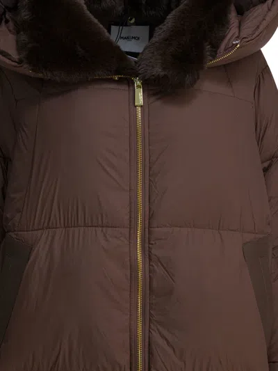 Max & Moi Long Down Jacket With Over Hood In Brown