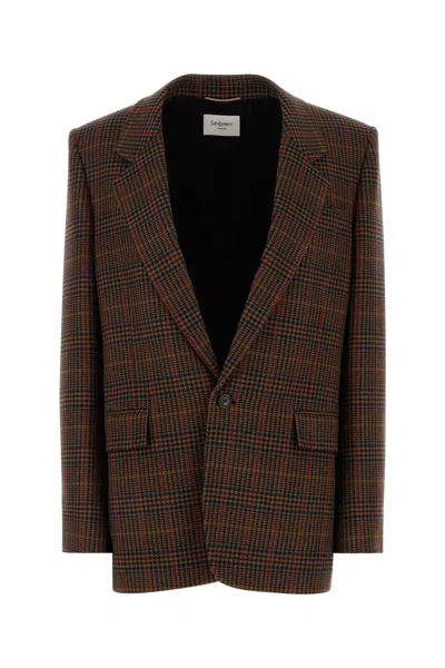 Saint Laurent Wool Check Single-breasted Jacket With Notched Collar In Brown