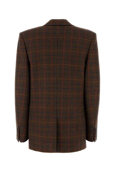 Saint Laurent Wool Check Single-breasted Jacket With Notched Collar In Brown