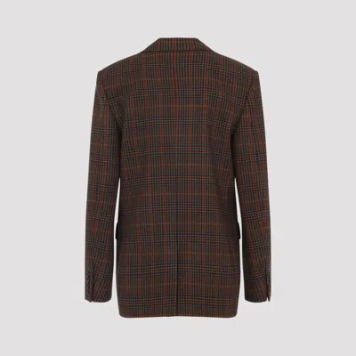 Saint Laurent Wool Check Single-breasted Jacket With Notched Collar In Brown