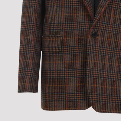Saint Laurent Wool Check Single-breasted Jacket With Notched Collar In Brown