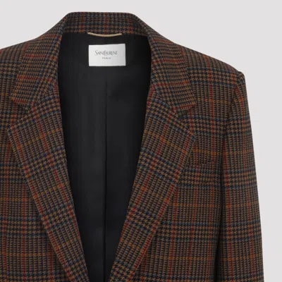 Saint Laurent Wool Check Single-breasted Jacket With Notched Collar In Brown