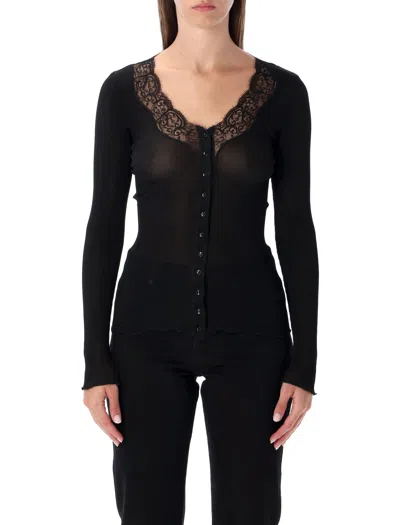 Saint Laurent Lace-trim Ribbed Silk Cardigan In Black