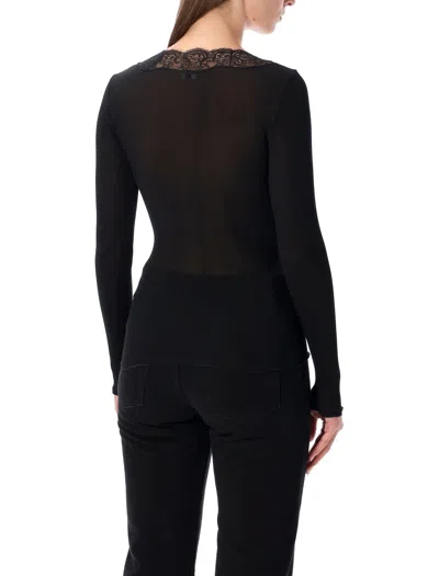 Saint Laurent Lace-trim Ribbed Silk Cardigan In Black