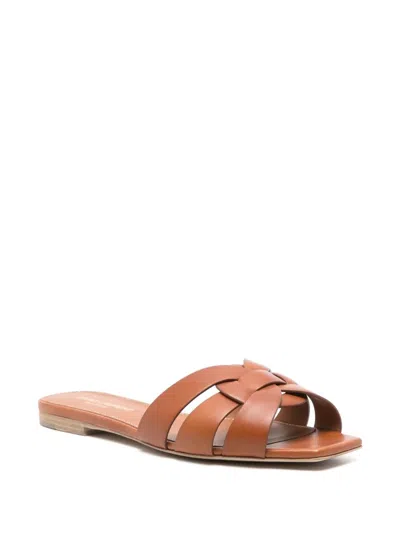 Saint Laurent Tribute Woven Leather Flat Sandals In Brown