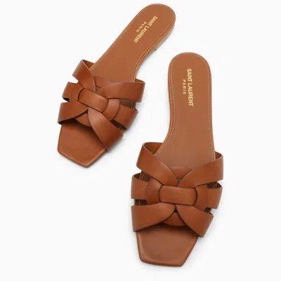 Saint Laurent Tribute Woven Leather Flat Sandals In Brown