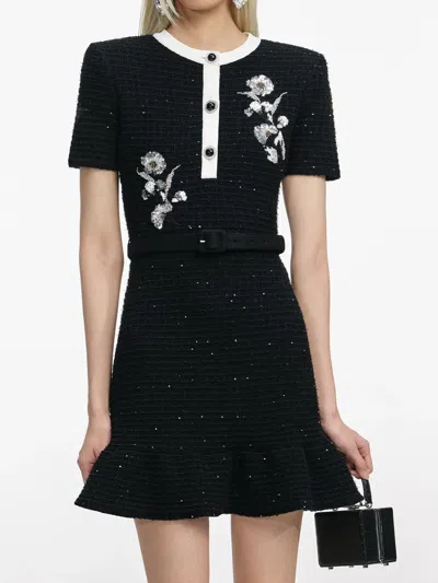 Self-portrait Back Crepe Mini Dress With Pink Faux Fur Hem In Black