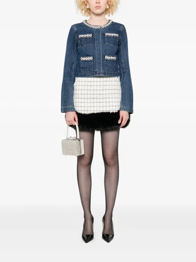 Self-portrait Cropped Denim Jacket With Crystal Chain Trims In Multi