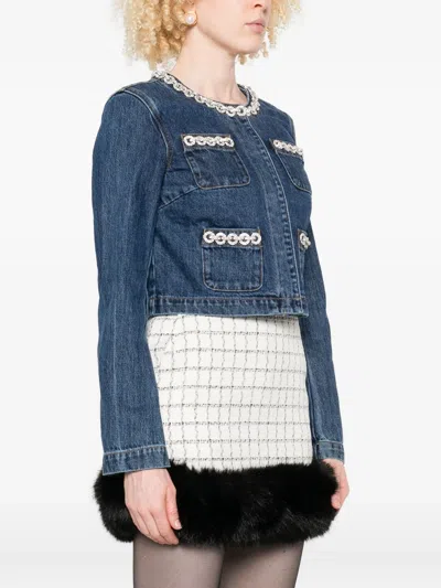 Self-portrait Cropped Denim Jacket With Crystal Chain Trims In Multi
