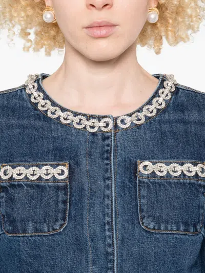 Self-portrait Cropped Denim Jacket With Crystal Chain Trims In Multi