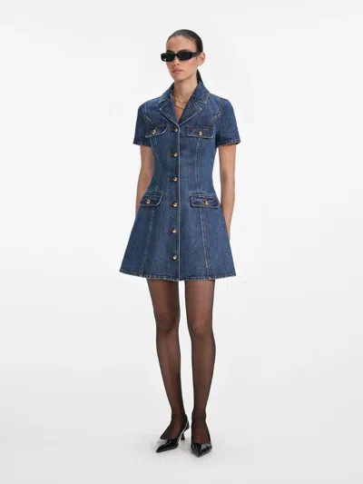 Self-portrait Blue Denim Mini Dress With Gold Buttons In Blue