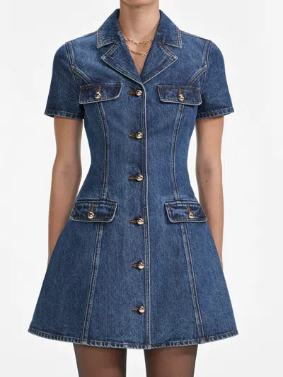 Self-portrait Blue Denim Mini Dress With Gold Buttons In Blue