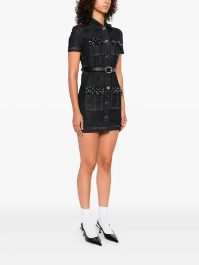 Self-portrait Indigo Denim Crystal Trim Mini Dress In Black