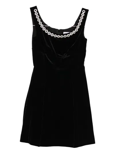 Self-portrait Godet Velvet Mini Dress Crystal Trim In Black