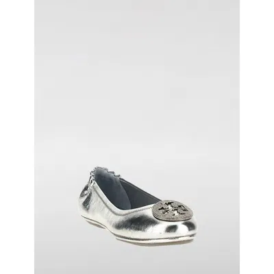 Tory Burch Silver Leather Ballet Flats In Silver