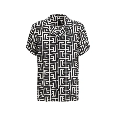 Balmain Monogram Printed Short-sleeved Shirt In Black