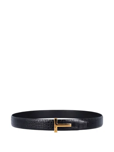 Tom Ford Buckle-logo Reversible Belt In Black