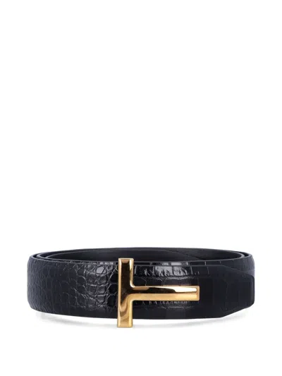 Tom Ford Buckle-logo Reversible Belt In Black