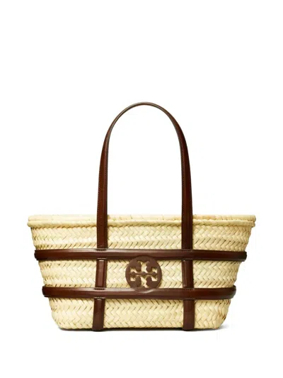 Tory Burch Small Ella Shopping Bag In Straw Classic Leather Color In Brown