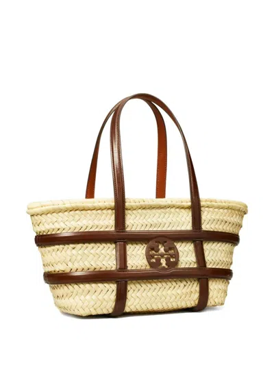 Tory Burch Small Ella Shopping Bag In Straw Classic Leather Color In Brown