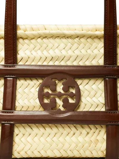 Tory Burch Small Ella Shopping Bag In Straw Classic Leather Color In Brown