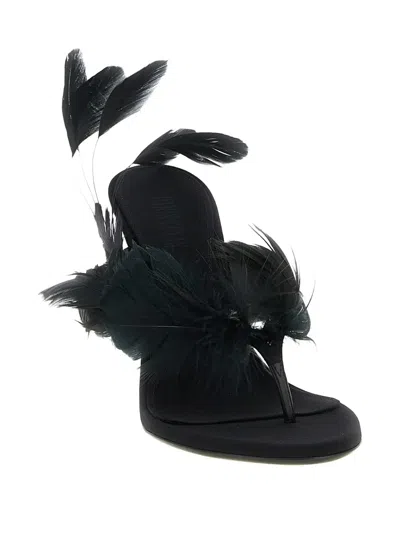 Paris Texas Lidia Feather Thong Silk Mules In Black