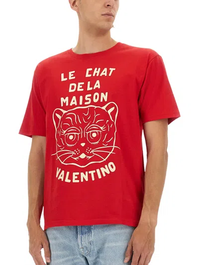 Valentino T-shirt With Chat De La Maison Print In Red